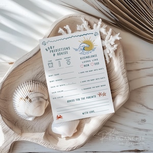 Tarjeta de predicciones y consejos para baby shower de "Bebé a bordo" • Juego imprimible para baby shower • Plantilla editable de baby shower de estilo bohemio, surf y playa