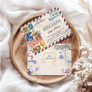 Invitation nuptiale de voyage • Destination d'amour • Invitation postale de couples • Timbres de carte postale d'invitation de douche Téléchargement instantané, modifiable