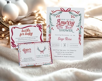 May include: Three printable cards for a baby shower with a winter theme. The cards are decorated with red and green holly and ribbon. The text on the cards reads "books for baby", "diaper raffle", and "Join us for Amerry Little Baby Shower honouring the mummy-to-be Sage Rose".