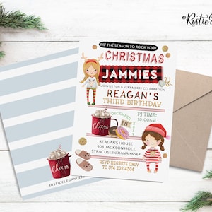Christmas PJ Jammies Birthday Invite //  Christmas Birthday Invite // Hot Cocoa and Donuts // 5x7 or 4x6 Inches