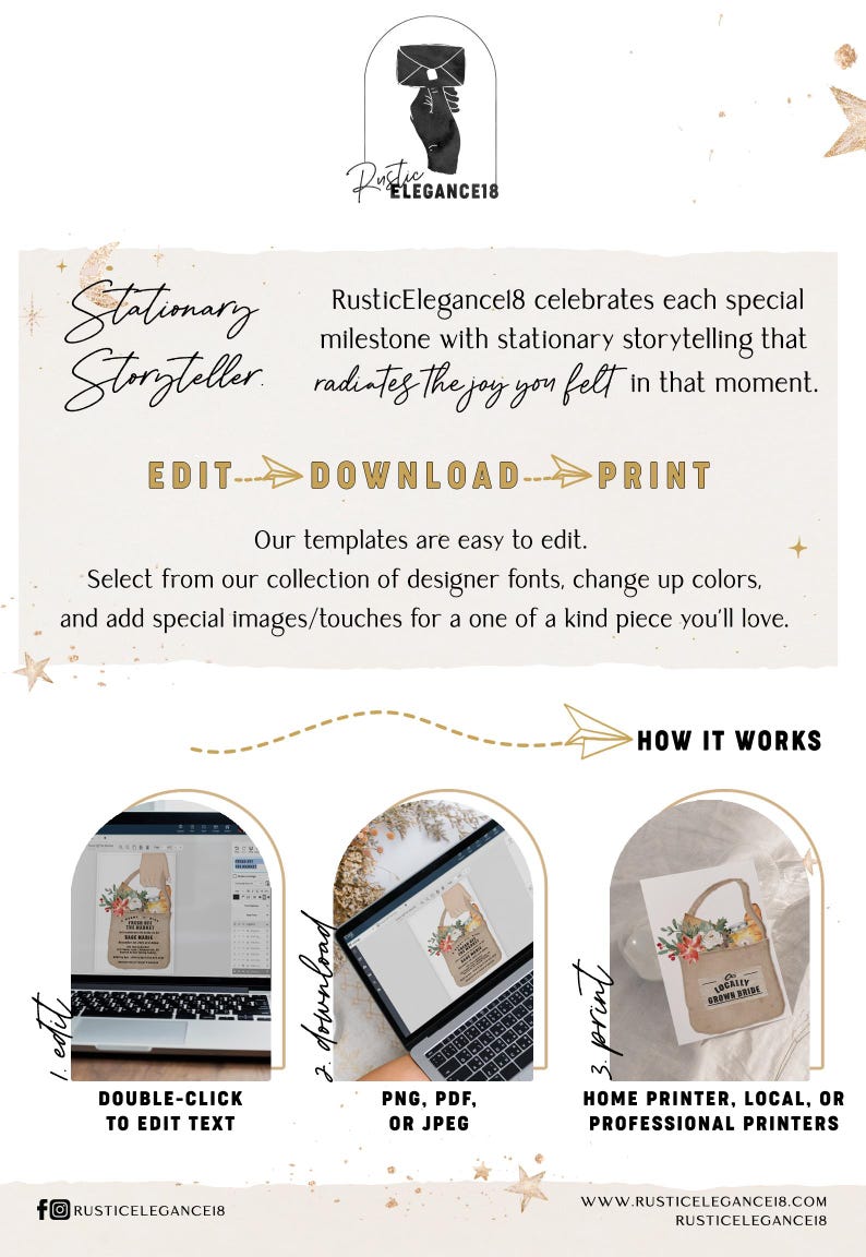 Puede incluir: Una ilustraci&oacute;n digital de una bolsa de papel marr&oacute;n con un dise&ntilde;o floral y el texto "Locally Grown & Made". La imagen se utiliza para ilustrar c&oacute;mo editar e imprimir una plantilla de papeler&iacute;a digital.