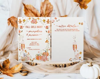 Invitación para una Noche de Chicas de Otoño • Calabazas y Prosecco (Plantilla DIY)
