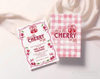 She's the Cherry on Top Baby Shower • Cherry Baby Shower Digital Invite • Instant Download • Pink Shower, Coquette, Pink bow Berries Girl