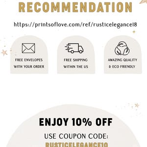 Puede incluir: Un gr&aacute;fico con el texto "PRINTING RECOMMENDATION" y una direcci&oacute;n de sitio web. El gr&aacute;fico tambi&eacute;n incluye tres iconos: un sobre de carta, un cami&oacute;n de reparto y un s&iacute;mbolo de reciclaje. El texto "ENJOY 10% OFF" se muestra en una fuente grande. Debajo del texto est&aacute; la frase "USE COUPON CODE: RUSTICELEGANCE10". El texto "DISCOUNT WILL BE APPLIED UPON CHECKOUT *FOR ORDERS OF &euro;49 OR MORE" se muestra en una fuente m&aacute;s peque&ntilde;a.
