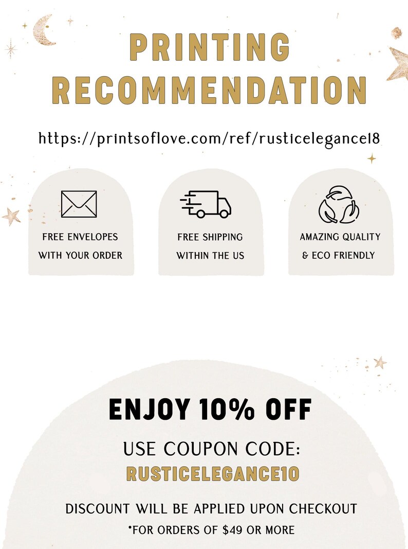 Puede incluir: Un gr&aacute;fico con el texto "PRINTING RECOMMENDATION" y una direcci&oacute;n de sitio web. El gr&aacute;fico tambi&eacute;n incluye tres iconos: un sobre de carta, un cami&oacute;n de reparto y un s&iacute;mbolo de reciclaje. El texto "ENJOY 10% OFF" se muestra en una fuente grande. Debajo del texto est&aacute; la frase "USE COUPON CODE: RUSTICELEGANCE10". El texto "DISCOUNT WILL BE APPLIED UPON CHECKOUT *FOR ORDERS OF &euro;49 OR MORE" se muestra en una fuente m&aacute;s peque&ntilde;a.