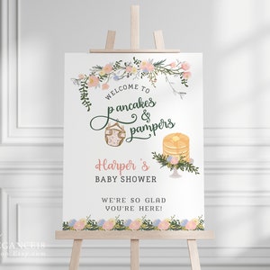 Pancakes and Pampers Baby Shower Welcome Sign Invitation with Florals //  Brunch Baby Shower //  Whimsical Baby Shower //