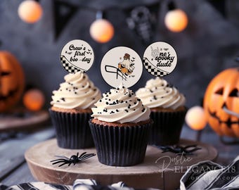 Editable Halloween Cupcake Toppers One Spooky Dude Sign • Boy 1st Birthday Trendy Retro Ghost • Printable, Editable Template