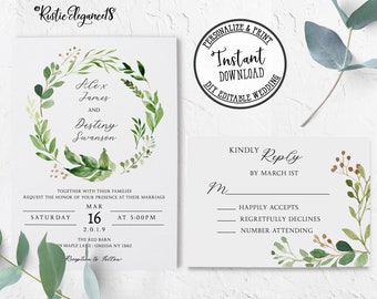 Boho Greenery Wedding Invitation Suite  • Edit Yourself  • INSTANT DOWNLOAD • Printable, Editable Template