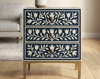 Midnight Blue Bone Inlay Nightstand, Floral Bedside Table, Handcrafted Accent Cabinet