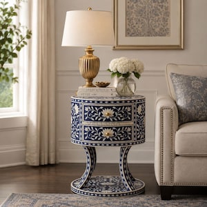 Floral End Table, Blue Bone Inlay Round Side with Drawers