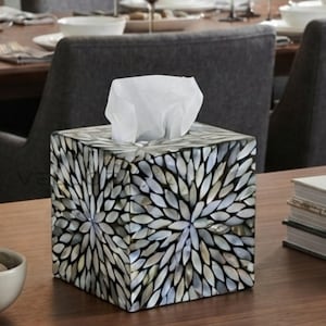 Handmade Mother of Pearl Tissue Box Cover | Floral Shell Inlay Decor