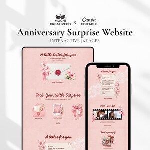 May include: An interactive anniversary surprise website template with six pages, featuring a soft pink color palette, floral illustrations, and digital elements like envelopes, gift boxes, and photo frames, branded as Mochi CreativeCo and Canva Editable.