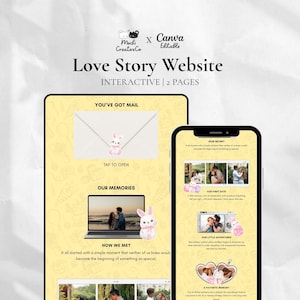 May include: A digital love story website template featuring two pages displayed on a tablet and a smartphone. The yellow interface includes sections titled You've Got Mail, Our Memories, and How We Met, decorated with small pink rabbit illustrations.