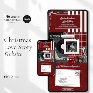 Puede incluir: Una plantilla digital para un sitio web Christmas Love Story con un esquema de color rojo intenso y detalles en blanco. El diseño incluye un disco de vinilo, un micrófono vintage, un marco de fotos y un gráfico de postal con el texto Merry Christmas.