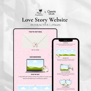 Puede incluir: Una plantilla de sitio web interactivo de historia de amor con dos páginas mostradas en una tableta y un teléfono inteligente. La interfaz presenta un fondo rosa suave con ilustraciones de cisnes blancos y encabezados como You've Got Mail, Our Memories y How We Met.