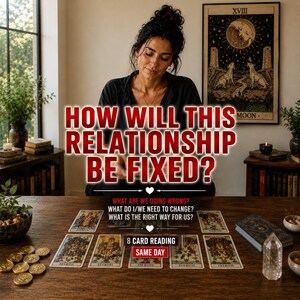 May include: A tarot card reading setup on a wooden table featuring eight cards laid out in two rows. Text overlays read: HOW WILL THIS RELATIONSHIP BE FIXED? WHAT ARE WE DOING WRONG? WHAT DO I/WE NEED TO CHANGE? WHAT IS THE RIGHT WAY FOR US? 8 CARD READING SAME DAY.
