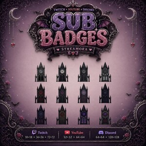 Puede incluir: Un conjunto gráfico digital de doce iconos de torres de reloj góticas para insignias de suscriptor de Twitch, YouTube y Discord. El encabezado dice SUB BADGES STREAMORA. Los iconos muestran torres oscuras y puntiagudas con relojes.