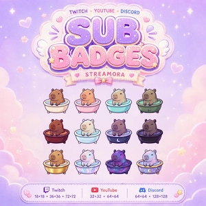 Op de afbeelding: Een digitale grafische set van twaalf capybara-abonneebadges voor Twitch, YouTube en Discord. Elke badge toont een capybara in een badkuip met verschillende kleuren en patronen. De koptekst luidt SUB BADGES STREAMORA en onderaan staan de pixelafmetingen.