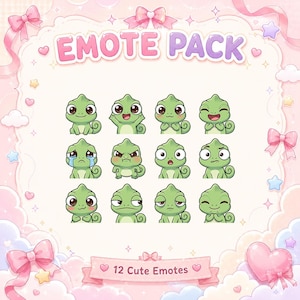 May include: A digital emote pack featuring 12 green chameleon illustrations with various facial expressions. The text EMOTE PACK appears at the top, and 12 Cute Emotes is written on a banner at the bottom, all set against a pink background.
