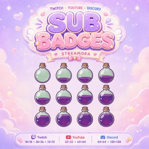 Pode incluir: Um conjunto gráfico digital de doze frascos de poção redondos de vidro com rolhas de cortiça, preenchidos com líquido roxo em vários níveis. O cabeçalho diz SUB BADGES STREAMORA e o rodapé lista Twitch, YouTube e Discord.
