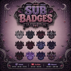 May include: A digital collection of twelve three-headed wolf icons in various shades of purple, grey, and black. The header reads SUB BADGES with the text TWITCH, YOUTUBE, DISCORD above and STREAMORA below. The footer lists platform sizes in pixels.