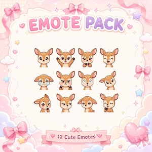 Pode incluir: Um pacote de emotes digitais com 12 ilustrações de um filhote de cervo com várias expressões faciais. O cervo tem pelo castanho com manchas brancas e olhos grandes. O texto EMOTE PACK e 12 Cute Emotes aparece num fundo rosa claro com laços.
