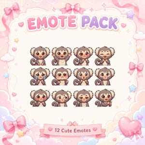 May include: A digital emote pack featuring 12 illustrations of a small brown monkey with large eyes and tufted ears, displaying various expressions including joy, sadness, anger, and surprise, set against a light pink background with bows.