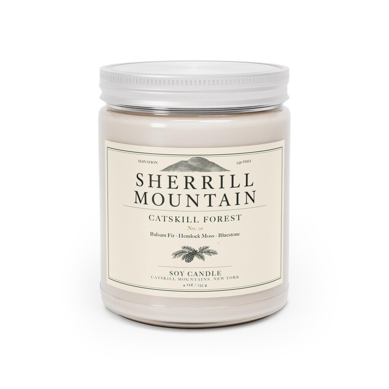 Candela di soia all'abete balsamico, candela profumata al bosco, candela sempreverde colata a mano, regalo ideale per escursioni e baite, Monti Catskill, flacone in vetro da 255 ml. immagine 2