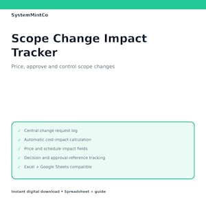 Spreadsheet met logboek voor wijzigingsverzoeken | Overzicht van scopewijzigingen, kostenimpact en goedkeuringsdashboard