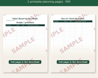 May include: Two printable planning pages titled Christmas Planner Sampler. The left page is headed Make Room for the Magic and People / priorities. The right page is headed Day-of / final week plan. Both feature tables and a button.