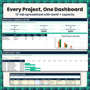 Multi-Project Management Spreadsheet Template, Gantt Chart, Task Tracker, Capacity, RAID Log, Profitability Dashboard (.xlsx + PDF)