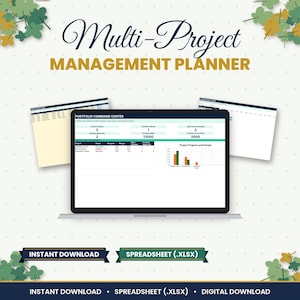 May include: A digital Multi-Project Management Planner spreadsheet displayed on a laptop screen, featuring a Portfolio Command Center dashboard with project status, progress charts, and margin data, accompanied by two additional document views.