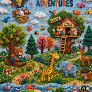 Crochet Hot Air Balloon Woodland Creatures Treehouse Wall Art (Digital Download)