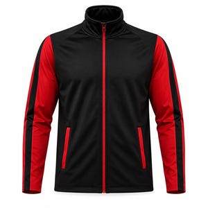Könnte beinhalten: Eine schwarze Trainingsjacke mit hohem Kragen und einem durchgehenden roten Frontreißverschluss. Die Ärmel sind überwiegend rot mit schwarzen Seiteneinsätzen, und die Jacke verfügt über zwei vertikale Vordertaschen mit roter Umrandung.