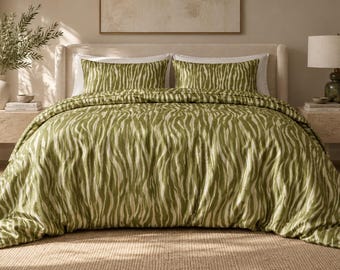 Olive Zebra Silk Duvet Cover, Luxury Green Animal Print Bedding