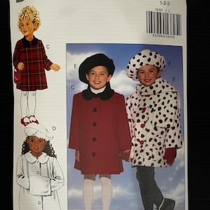 May include: A Butterick 6301 sewing pattern envelope featuring illustrations and photographs of children wearing coats, hats, and scarves. The designs include a red plaid coat, a solid red coat with a black collar, and a white coat with black spots.