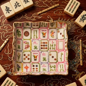 May include: A square ceramic dish with a scalloped gold rim, featuring a repeating grid pattern of colorful Mahjong tile illustrations, including Joker tiles, bamboo, flowers, and Chinese characters, set against a white background.