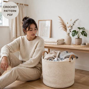 May include: A round, off-white crochet basket with two wooden handles, filled with folded grey and white fabric. A circular graphic in the top left corner contains the text CROCHET PATTERN PDF in black letters on a light grey background.