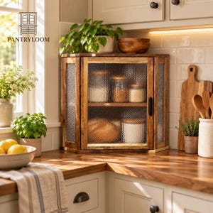 May include: A wooden corner pantry cabinet with a textured glass door and a black handle. The cabinet features two interior shelves holding various glass storage jars and a loaf of bread. The wood frame has a natural finish and a hexagonal shape.