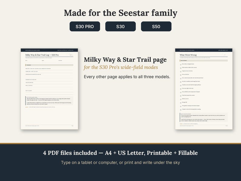 May include: A digital logbook set for Seestar S30 Pro, S30, and S50 models. Includes a Milky Way & Star Trail page and a What Went Wrong page. The set contains 4 PDF files in A4 and US Letter sizes, designed to be printable or fillable on a tablet or computer.