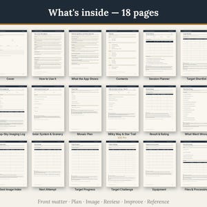May include: An 18-page digital planner for astrophotography featuring a cream-colored background with dark blue headers. The pages include sections for session planning, target shortlists, imaging logs, equipment tracking, and processing notes.
