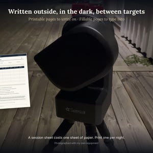 May include: A black Seestar telescope mounted on a tripod, accompanied by a white Session Planner document. The text reads: Written outside, in the dark, between targets, Printable pages to write on, Fillable pages to type into, A session sheet costs one sheet of paper. Print one per night.