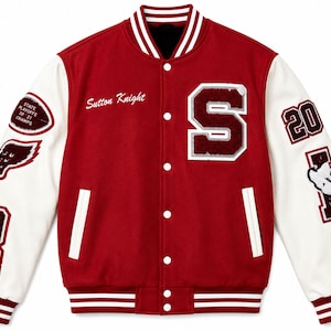 May include: A red varsity jacket with white sleeves, featuring a large letter S patch on the chest, the text Sutton Knight, and various patches on the sleeves including the numbers 20 and 21, and a football shape with State Playoffs 20-21 Champs.