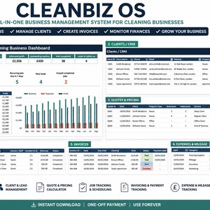 May include: CLEANBIZ OS business management system for cleaning companies in Excel. Features a dashboard with financial metrics, client CRM, quote and pricing calculator, job tracking, invoice management, and expense tracking with clear data tables.