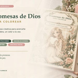 May include: A digital coloring book titled Promesas de Dios para Colorear featuring an anime-style illustration of a person holding a heart, surrounded by flowers and a dove. The cover includes text, 20 illustrations, and A4 plus letter sizing.