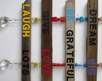 Inspirational Garden Driftwood Art Hanging Sign: Live Simply, Dream Big, Be Grateful, Give Love, Laugh Lots, Painting, Driftwood Art