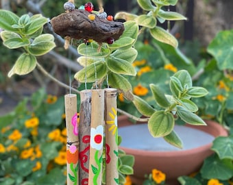 Flower Themed Driftwood Wind Chime with Bright Pink, Orange, Red, and Whites (Made to Order), Painted wood, Outdoor decor