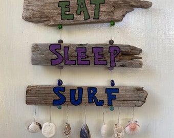 Driftwood Eat, Sleep, Surf Driftwood Sign with shells