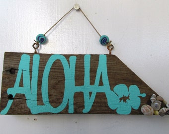 Aloha sign. Aloha Driftwood Art with Hibiscus & Shells (Made to Order) Painting, driftwood sign, rustic decor, Spread a little aloha!