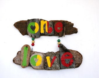 One Love Driftwood Art, Hanging love sign. Island sign. Anniversary, Painted wood, Wall art. Garden decor. Irie.